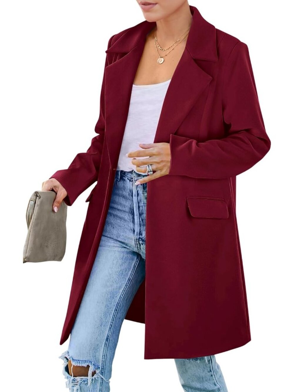 Women's Burgundy Mid-Length Padded Shoulder Loose Fit Fall Blazer Trench Coat